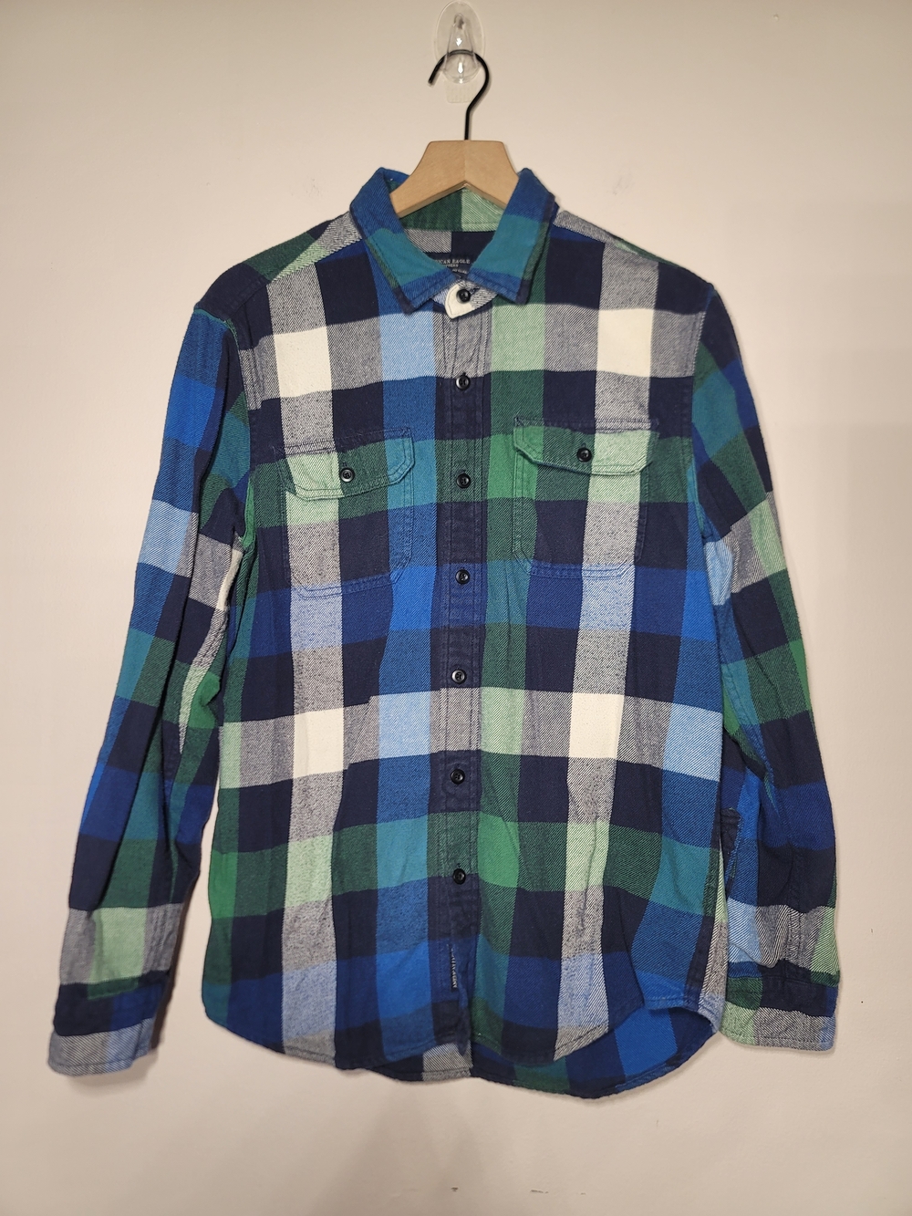 American Eagle Outfitters Blue Green Plaid Flannel 90s Grunge Cotton Skater Sz M
